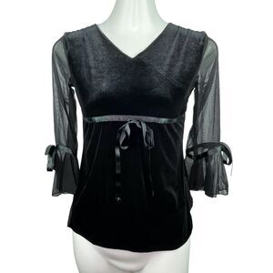 Nicole Miller Collection Black Velvet Sheer Ribbon Sleeve Blouse Womens Sz L